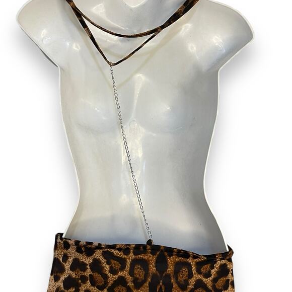 Mini Animal Print Exotic Dancer Dress Women's Small Brown Backless Chain Sexy - Picture 6 of 15